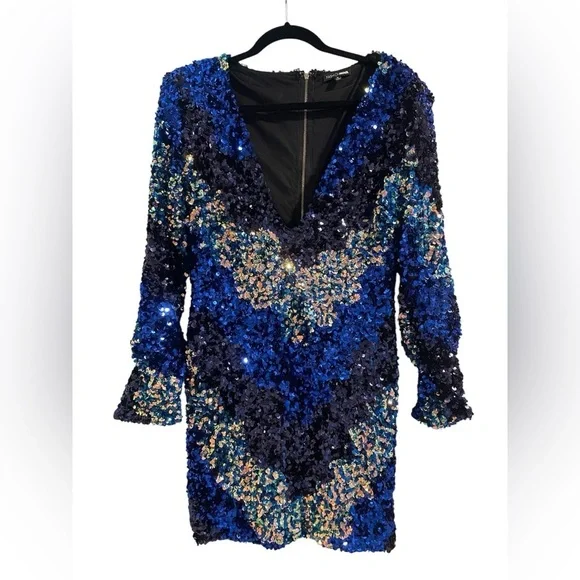 Fashion Nova Blue and Gold Sequin Mini Dress Long Sleeve Size Medium - Picture 2 of 5